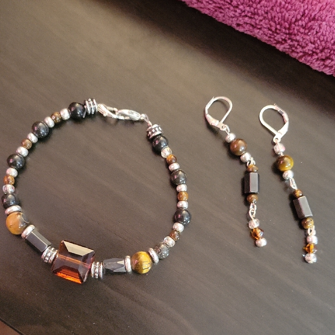 Handcrafted Silver Smokey Topaz Tiger's Eye, Hematite Jewelry Set